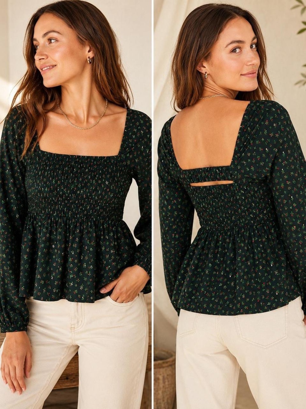 Old Navy Dark Green Floral Smocked Square-Neck Peplum Blouse